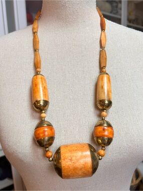 Vintage Chunky Bovine Bone & Brass Statement Necklace, 1970s Boho Chunky